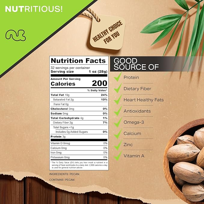 NUT CRAVINGS - Raw Hard Shell Pecans, (32oz - 2 LB) Bulk Nuts Packed Fresh in Resealable Bag - Healthy Protein Food Snack, Food Assortments Ideal for Trail Mixed Nuts