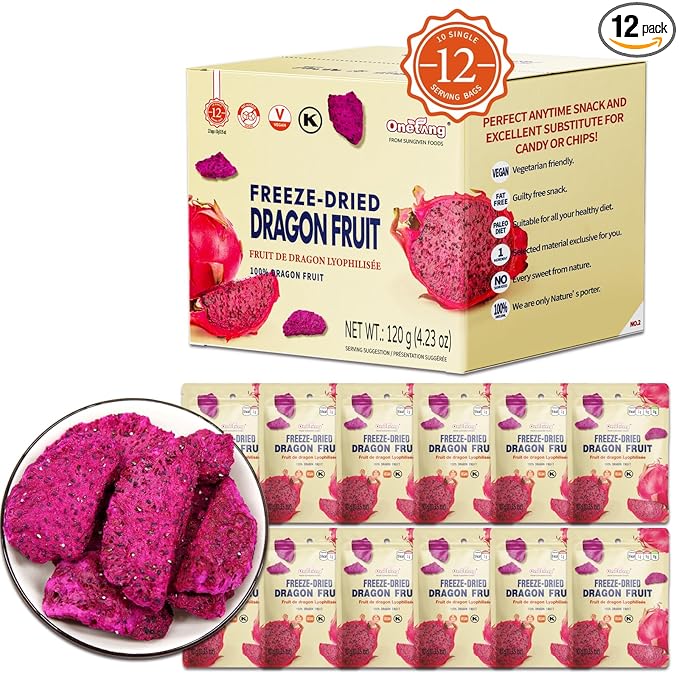 ONETANG Freeze Dried Dragon Fruit Chips (Pack of 12) for Drinks Refreshers, Healthy 1 Ingredient Superfood Snack, Crunchy Crisp, Dehydrated Dry Red Pitaya Pieces, Gluten Free Vegan 4.23 Oz