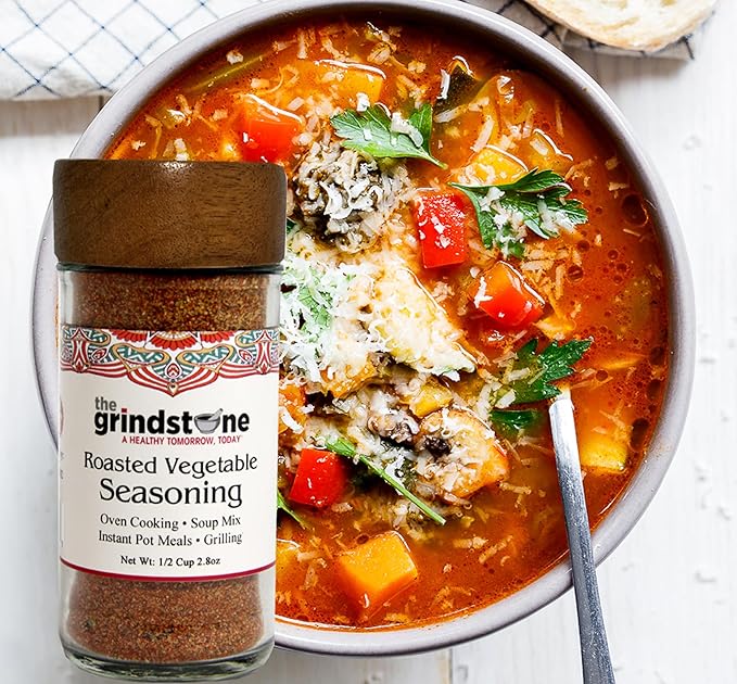 The Grindstone, Roasted vegetable seasoning and spice mix, Hand blended rubs and spices for roasting, baking, bbq, 2.8 oz. Glass Jar with Sifter, Pack of 2