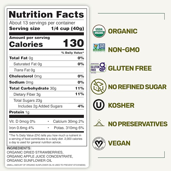 Happy Village Organic Whole Dried Strawberries, 18 OZ Resealable Pack- Soft & Juicy, Kosher, Non-GMO, No Refined Sugar, Apple Juice Infused Dried Strawberry