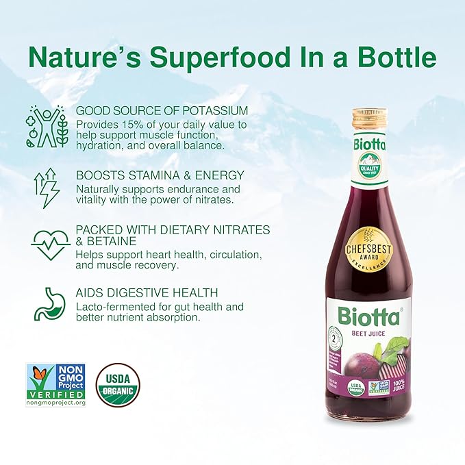 Biotta Organic Beet Juice - 100% Vegetable Juice for Energy, Immunity & Wellness - Excellent Source of Nutrients - All Natural, Non-GMO, Gluten-Free (16.9 Fl Oz, Pack of 6)
