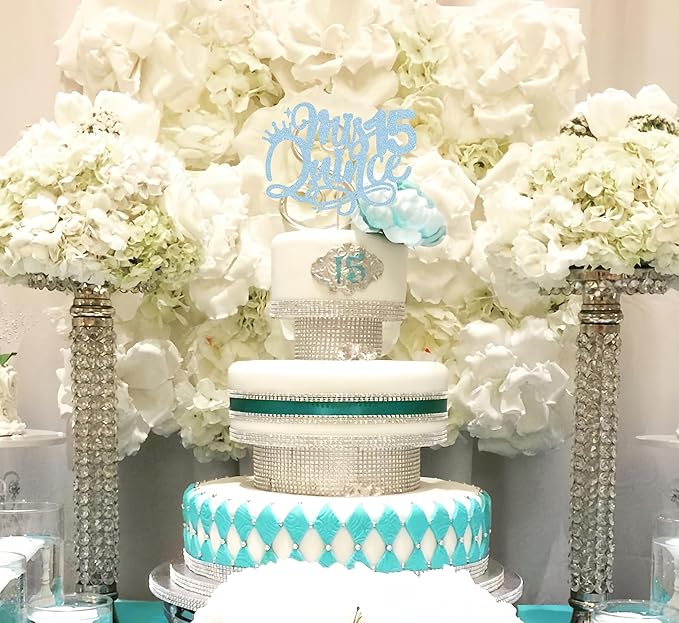 Quinceanera 15 Cake Topper - Light Blue Glitter 15th Birthday or Anniversary Party Cake Decorations for Girls, Mis A챰os 15 Cake Topper, Cheers to 15 Years Birthday Party Photo Booth Props