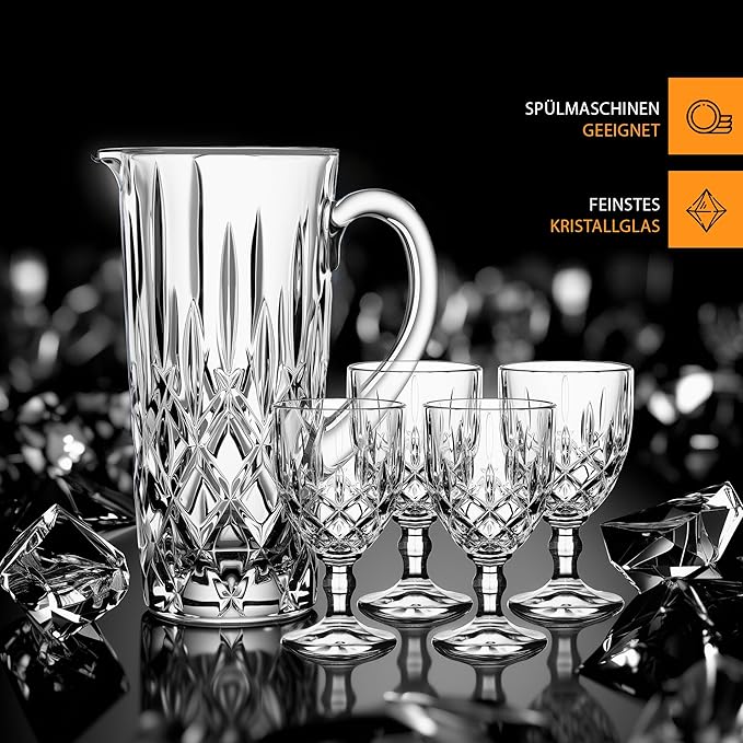 Nachtmann Noblesse Pitcher and Glasses Set | 5 Piece Set Includes 1 Pitcher and 4 All Purpose Glasses | Made of Clear Crystal Glass | Dishwasher Safe