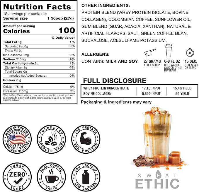 Brew???UP Collagen Protein Coffee, Whey Isolate & Collagen Peptides, Natural Caffeine, Low Lactose, No Added Sugar, Easy-Mix Protein Coffee Powder, Caramel Frappe Flavor, 15 Servings