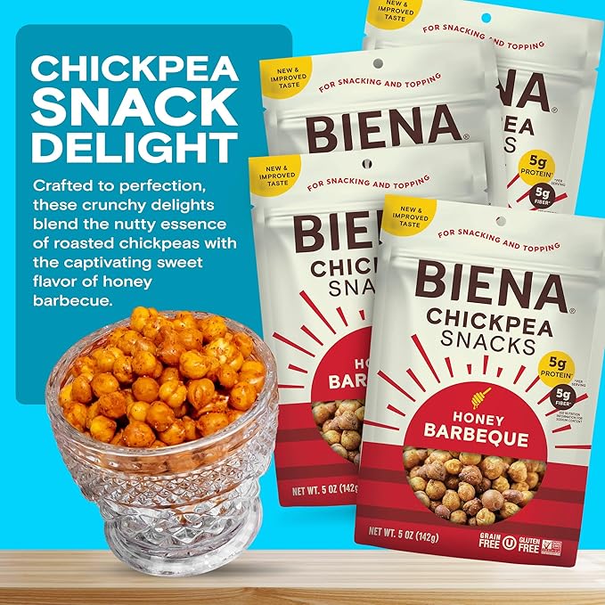 BIENA Chickpea Snacks - Crunchy Roasted Chickpeas - High Fiber Protein Snacks for Adults and Kids - 4-Pack, 5 Ounce Bags - Barbecue