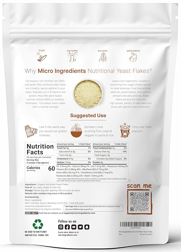 Organic Non-Fortified Nutritional Yeast Flakes, 2 Pounds (32oz) | Rich in Vegan Protein, B Vitamins & Beta-glucans | Keto Friendly, Dairy Free Cheese Substitute, Non-GMO, Gluten Free
