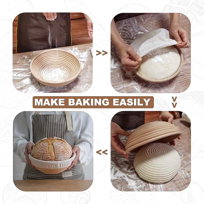 Banneton Bread Proofing Basket,9 Inch Round + 9.8 Inch Round Sourdough Proofing Baskets with Liner,Dough Proofing Bowls,Made of Natural rattan,for Sourdough Bread Baking Supplies