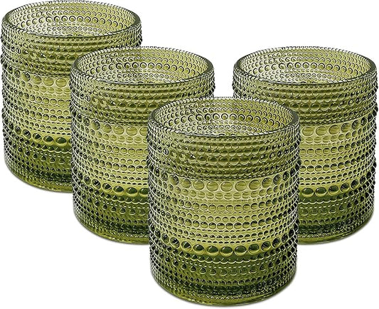 Set of 4 Vintage 12 oz Crystal Glasses, Old Fashioned Glass Cups for Water, Juice, Coffee, and Beer (Green)