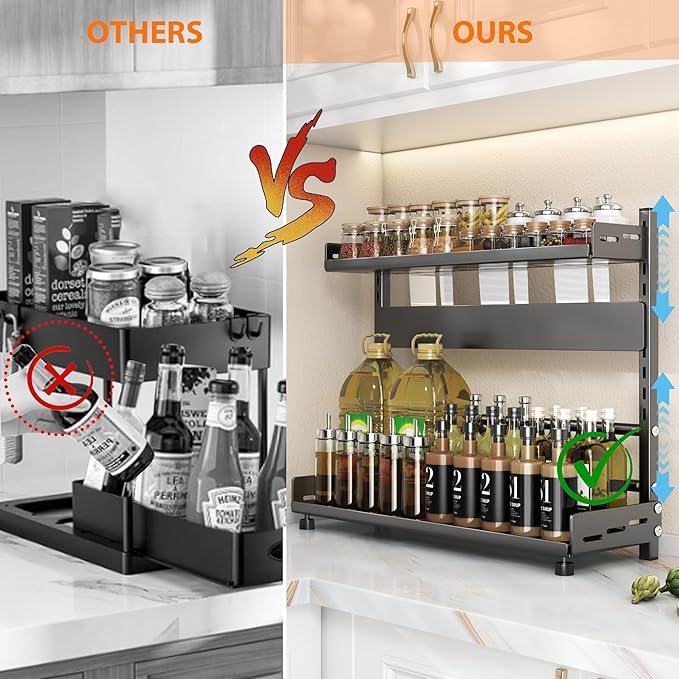 VORA Spice Organization for Cabinet, 2-Tier Metal Height-Adjustable Kitchen Countertop Spice Cabinet Organizers, Rust-Proof Kitchen Counter Shelf with Guardrail & Knife Block for Pantry