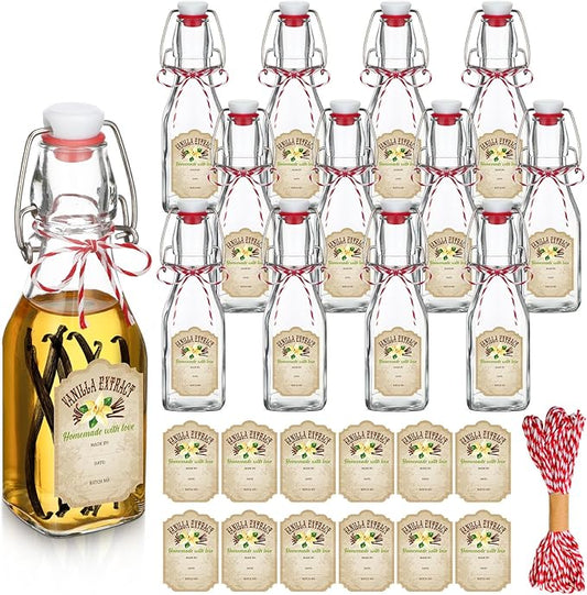Uiifan 12 pcs 4 oz Swing Top Clear Square Glass Bottles For Vanilla Extract with Caps and Cotton Twines Label Flip Top Glass Beer Bottle for Home Vanilla Brew Oil Vinaigrettes Beer Tea Supply