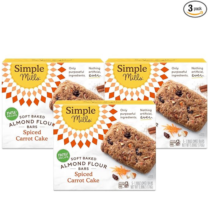 Simple Mills Almond Flour Snack Bars, Spiced Carrot Cake - Gluten Free, Made with Organic Coconut Oil, Breakfast Bars, Healthy Snacks, Paleo Friendly, 6 Ounce (Pack of 3)