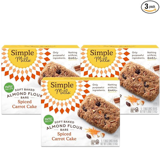 Simple Mills Almond Flour Snack Bars, Spiced Carrot Cake - Gluten Free, Made with Organic Coconut Oil, Breakfast Bars, Healthy Snacks, Paleo Friendly, 6 Ounce (Pack of 3)