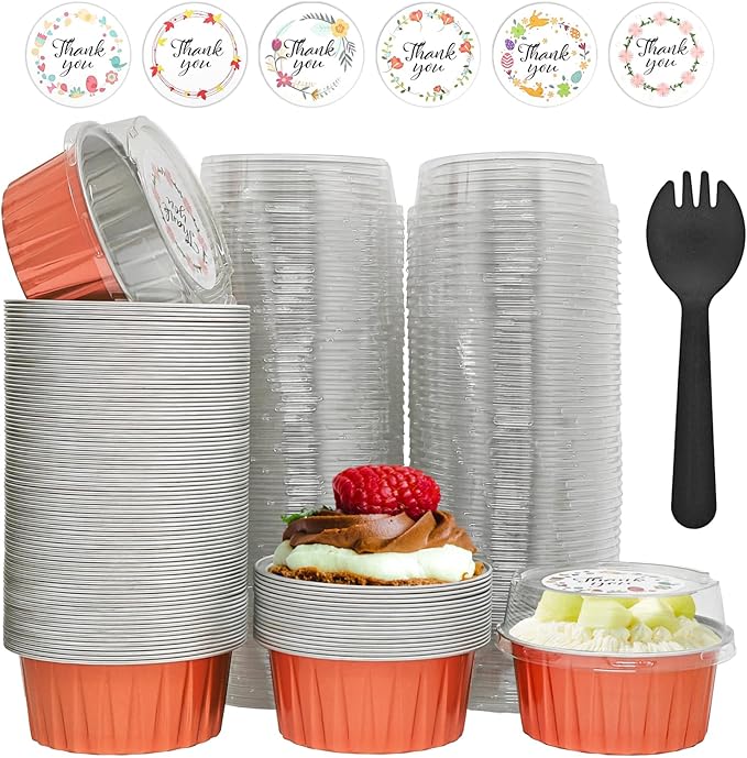 100 Pcs Aluminum Foil Baking Cups with Lids,5oz Cupcake Liners Dessert Cups,Disposable Ramekins Mini Cake Containers Tin Mini Muffin Liners for Wedding Christmas Party (Rose gold)