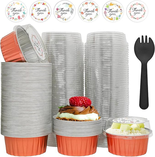 100 Pcs Aluminum Foil Baking Cups with Lids,5oz Cupcake Liners Dessert Cups,Disposable Ramekins Mini Cake Containers Tin Mini Muffin Liners for Wedding Christmas Party (Rose gold)
