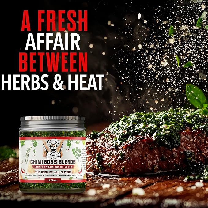 Chimi Boss Infierno Chimichurri Sauce, 9 fl oz – Spicy Argentinian Green Sauce with Fresh Parsley, Garlic, Oregano & Chili – All Natural Hot Herb Marinade – Made in USA