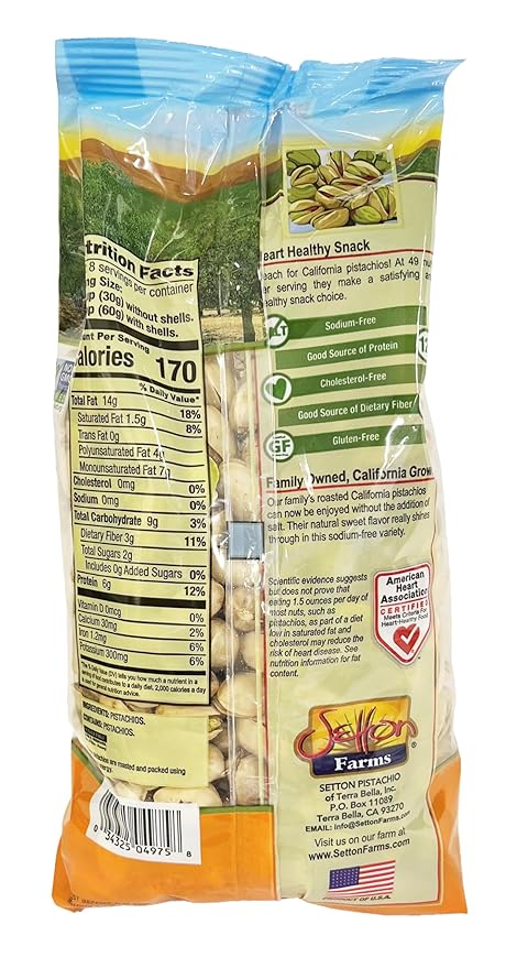 Setton Farms Dry Roasted and Unsalted Pistachios, Premium California In Shell Pistachios No Salt, 1 pound Bag (16 Ounce), Certified Non-GMO, Gluten Free, Vegan and Kosher
