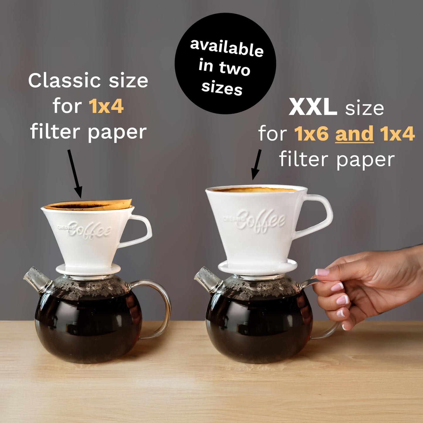 Creano XXL Porcelain Coffee Dripper White - Ceramic Cone Brewer - Pour Over Coffee Maker - Filter