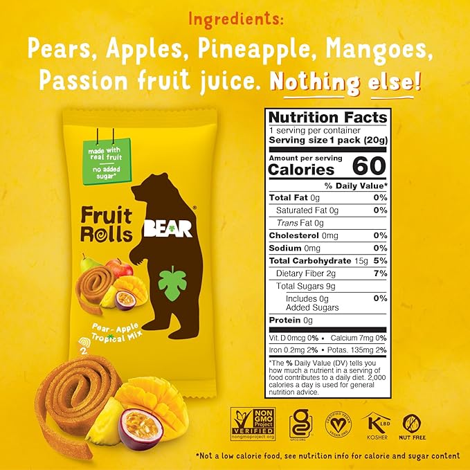BEAR Real Fruit Snack Rolls - Gluten Free, Vegan, and Non-GMO - Tropical ??36 Rolls, Healthy School And Lunch Snacks For Kids And Adults, 0.7 Ounce (Pack of 18)