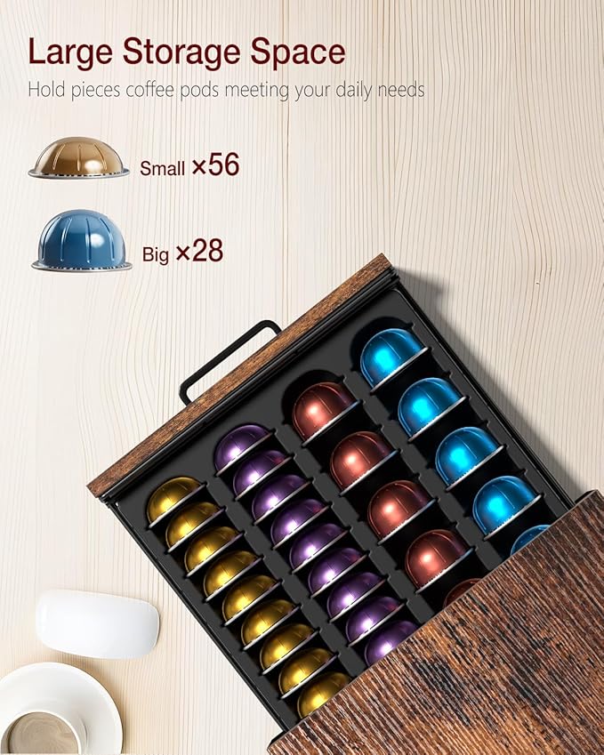 Coffee Pod Holder, Vertuo Pod Holder Compatible with Nespresso, 28 Large or 56 Small Nespresso Capsule Organizer Drawer Station with Cup Rack, Rustic Brown