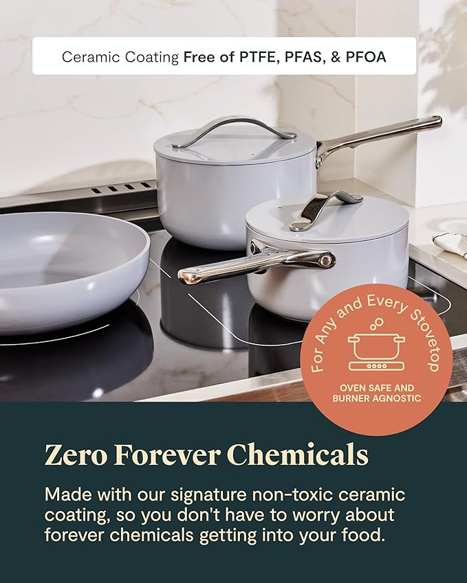 Caraway Deluxe Nonstick Ceramic Cookware Set (16 Piece) Pots, Frying Pans, Lids and Kitchen Storage - PFAS & PFOA Free - Oven Safe Ceramic Pan Set & Compatible with All Stovetops - Cream