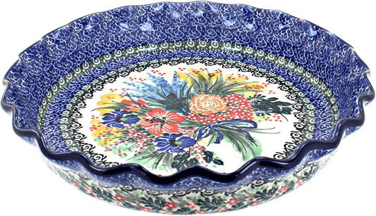 Blue Rose Polish Pottery - Blue Summer Blooms Pie Plate - 10" Diameter - Ceramic Baking Dish, For Pies, Quiches & Desserts