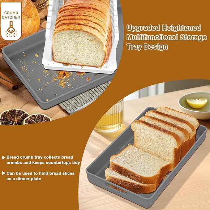 Upgrade Bread Slicer for Homemade Bread, Bread Slicer Guide Adjustable Width and Thickness, Foldable and Compact Cutting Guide with Crumb Tray, Suitability for Homemade Bread, Bagels, Cakes