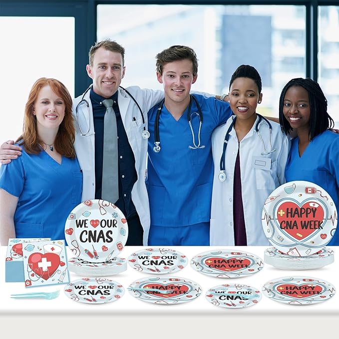96Pcs Happy CNA Week Plates and Napkins Nurse Appreciation Week Party Decorations We Love Our CNAS Dessert Plates Nurse Tableware for 24 Guests CNA Appreciation Week Party Supplies