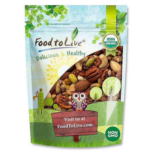 Food to Live Organic Four Nuts Mix, 1 Pound ??A Blend of Dry Roasted Pistachios, Almonds, Pecans, Cashews, and Almonds with Himalayan Salt, Trail Mix. Non-GMO, Vegan, Kosher, Bulk