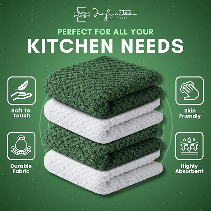 Infinitee Xclusives Premium Dish Cloth 100% Cotton 12 x 12 Inches |Pack of 4|-Ultra Soft Tea Towels-Highly Absorbent Kitchen Rags-Terry Dishcloth for Kitchen and Household Cleaning |Sturdy Green|