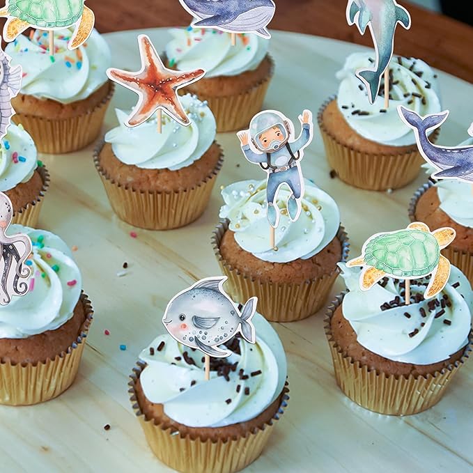 36 Pack Mermaid Cupcake Toppers Under The Sea Octopus Starfish Mermaid Tail Cupcake Picks Jellyfish Seahorse Coral Cupcake Decorations for Baby Shower Under The Sea Birthday Cake Decorations