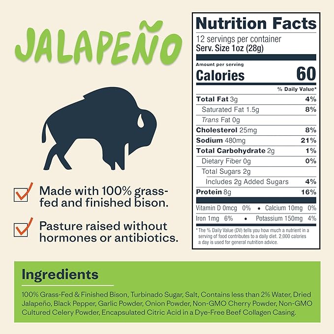 Patagonia Provisions Bison Sticks - Jalapeno | 100% Grass-Fed, 8g of Protein, 60 Calories | No Artificial Ingredients, Added Flavors, Fillers, or Nitrates | Pack of 12, 1 oz Each