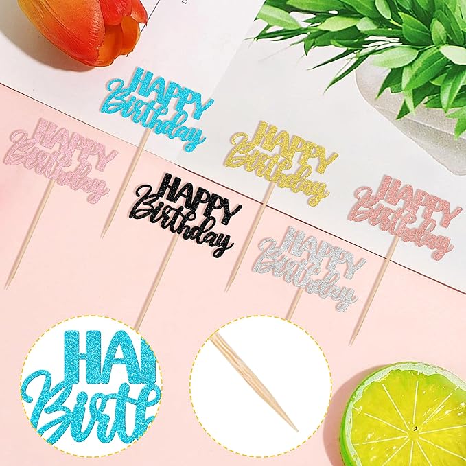 30 PCS Happy Birthday Cupcake Toppers Glitter Happy Birthday Cupcake Picks for Celebrating Birthday Anniversary Theme Party Cake Decorations Supplies Mixed 6 Colors