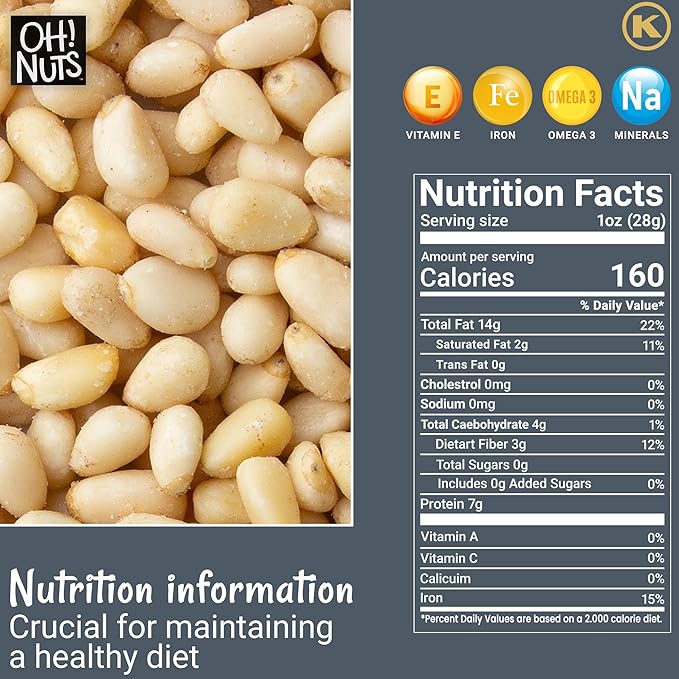 Oh! Nuts Pine Nuts (Pignolias) - Raw - 100% Natural Pine Nuts - 1 lb Bulk Bag - Premium Pignoli Packed with Protein