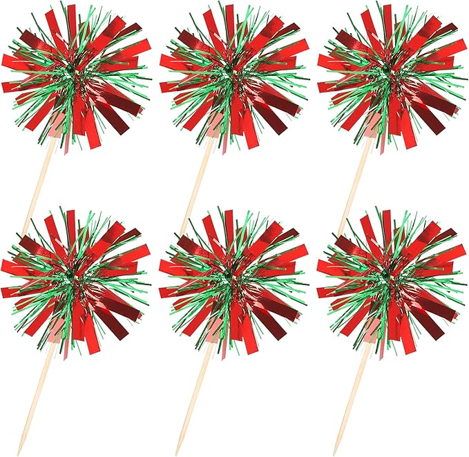 Rsstarxi 30 Pack Firework Cupcake Toppers Birthday Cake Decorations Tinsel Flower Drink Stirrers Cocktail Food Fruit Toothpicks for Valentine's Day Birthday Wedding Party Green