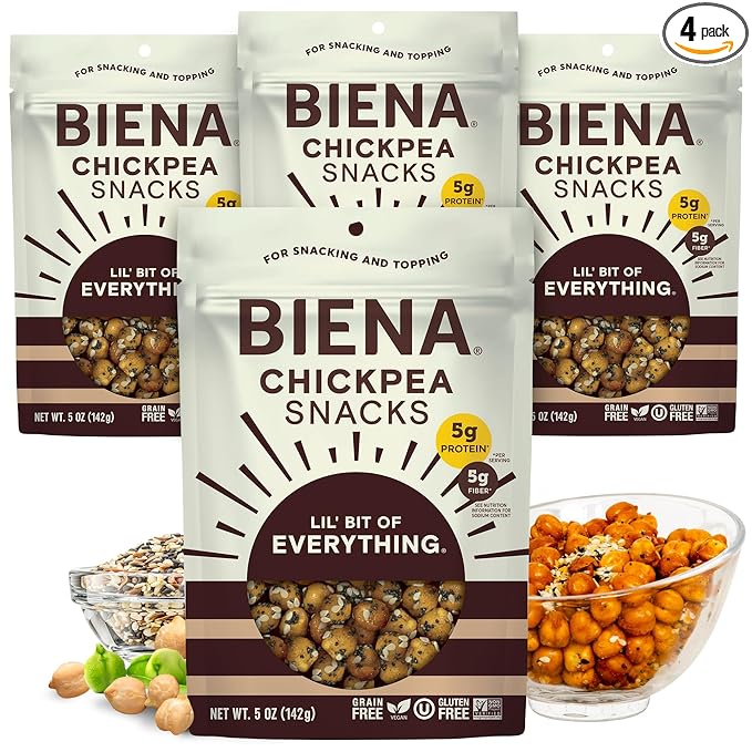 Biena Crispy Roasted Chickpea Snacks, Lil??Bit of Everything, High Protein Snacks, High Fiber Snacks, Gluten Free, Plant-Based, Non-GMO, Healthy Snacks for Adults and Kids, 4-Pack 5 Ounce Bags