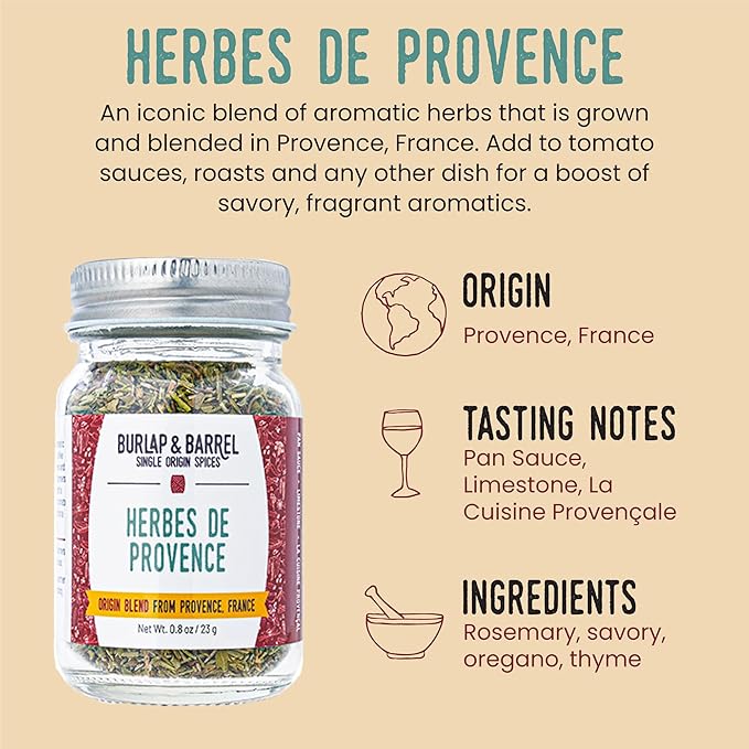 Burlap & Barrel Herbes de Provence – Iconic Herb Blend Grown & Blended in France – Herbes de Provence Seasoning – As Seen on Shark Tank - 0.8oz Glass Jar