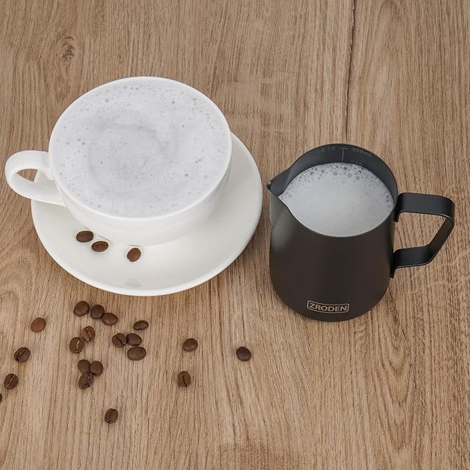 Milk Frothing Pitcher, 12oz Espresso Steaming Pitchers Stainless Steel Cappuccino Coffee Machine Accessories Barista Tools Steam Froth Pitchers Milk Jug Cup with Decorating Pen Latte Art, Matte Black