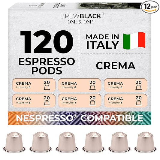 BrewBlack Crema Coffee Capsules - 120 Aluminum Coffee Pods Compatible with Nespresso Original line, Medium Roast - Intensity 8/12, Made in Italy