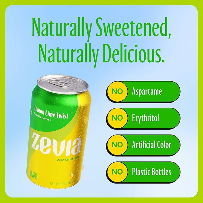 Zevia Zero Sugar Soda, Lemon Lime Twist, 12 oz Cans (24-Pack) ??Naturally Sweetened, Non-GMO Project Verified, Gluten-Free, Vegan