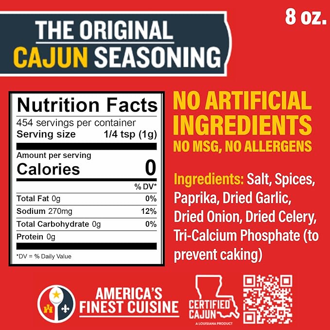 Original Cajun Seasoning - 8 oz, Less Salt, Low Sodium, No MSG, All Natural - Authentic Louisiana Spice for Grilling and Cooking Fish, Chicken, Steak, Soup, Seafood & Gumbo by Ragin' Cajun