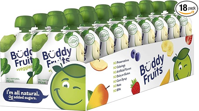 Buddy Fruits & Veggies Snacks To Go Pear Spinach Unsweetened Applesauce 3.2oz Pouch (18pk) Gluten-Nut-Dairy-Preservatives-BPA Free, Non GMO, Kosher