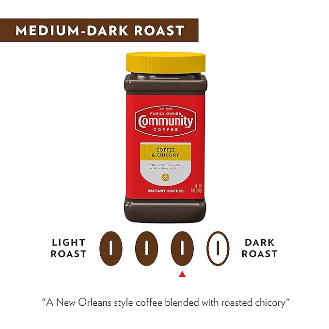 Community Coffee Coffee and Chicory Instant Coffee, Medium Dark Roast, 7 oz Jar (Pack of 12)