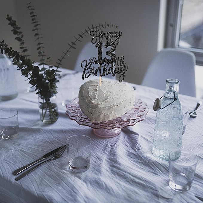 1 PCS Happy 13th Birthday Cake Topper Glitter Cheers to 13 Years Birthday Cake Pick 13 Official Teenager Cake Decoration for Happy 13th Birthday Anniversary Theme Party Decorations Supplies Black