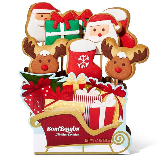 BomBombs, Christmas Cookie Bouquet, Individually Wrapped Sugar Cookies on Sticks & Sleigh Shaped Display Tray, Perfect for Holiday Parties, Set of 8