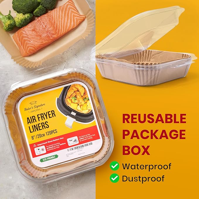 Air Fryer Paper Liners, 125Pcs Air Fryer Disposable Liners, Non-Stick and Oil Proof for Easy Cleanup, 8??Square for 5-8 qt Basket by Baker's Signature