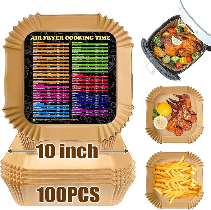 Air Fryer Disposable Paper Liner Square, 10 Inch Large Air Fryer Paper Liner 100PCS, Non-stick Parchment Paper Pads Oil Resistant, Waterproof, Food Grade Baking Paper for Roasting Microwave