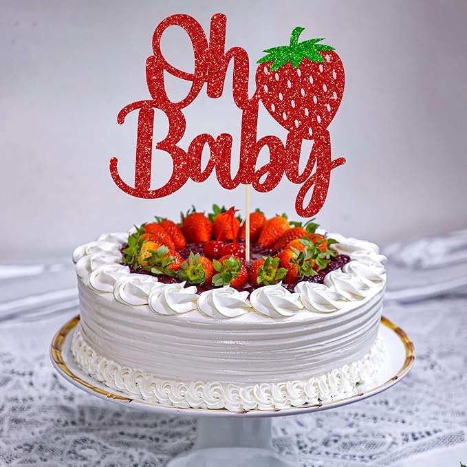 1 Pack Sweet Oh Baby Cake Topper Glitter Oh Baby Strawberry Cake Pick Fruit Berry Cake Decoration for Summer Strawberry Baby Shower Kids Birthday Party Supplies Red
