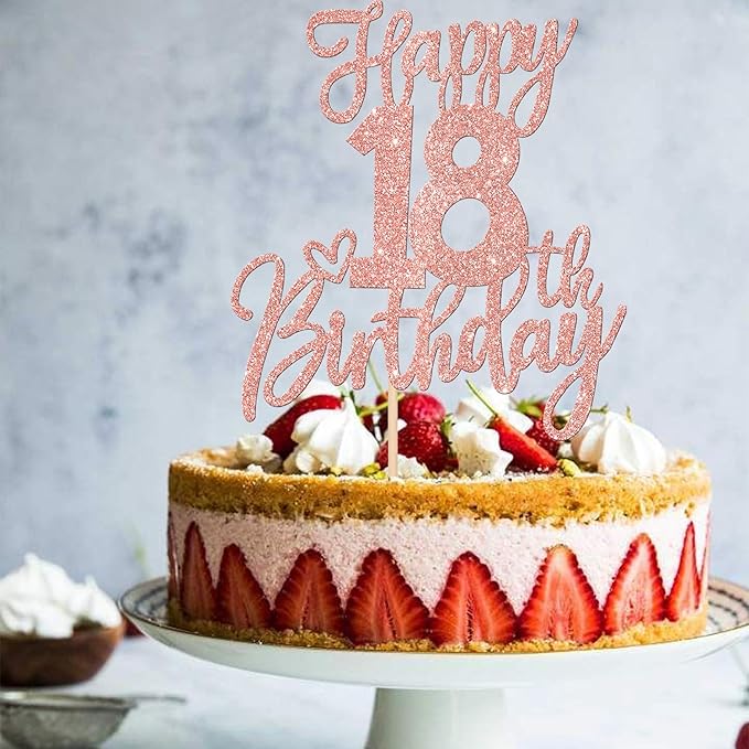 1 PCS Happy 18th Birthday Cake Topper Glitter Cheers to 18 Years Birthday Cake Pick Eighteen Hello 18 Fabulous Cake Decorations for Happy 18th Birthday Anniversary Party Supplies Rose Gold
