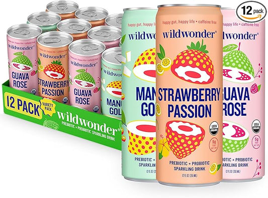 wildwonder Sparkling Probiotic Drink 12pk, For Gut Health & Immune Support, Tropical Vibes Variety