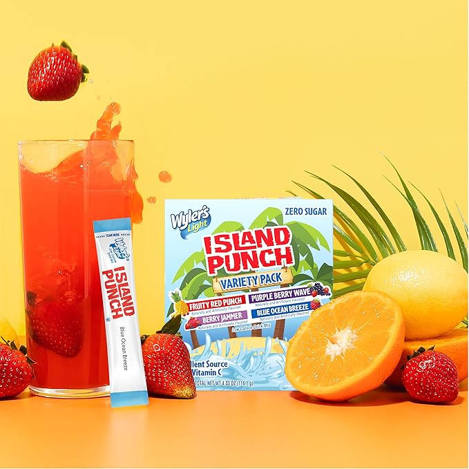 Wyler's Light Island Punch Singles to Go, Variety Pack, Fruity Red Punch, Purple Berry Wave, Berry Jammer and Blue Ocean Breeze, 1 Box (40 Single Servings)